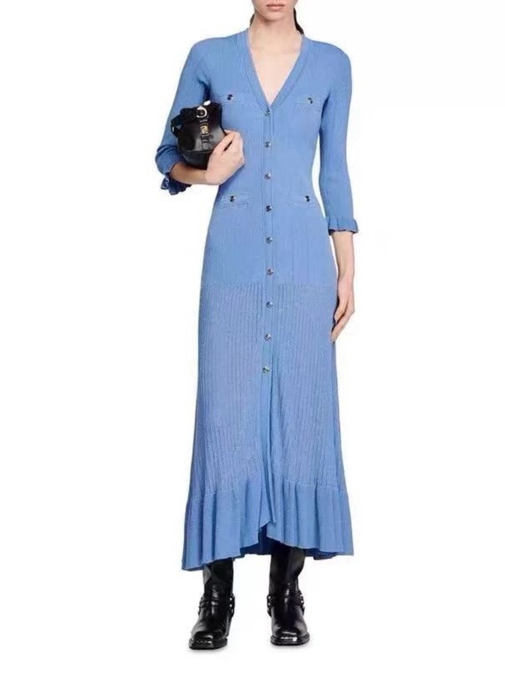 Sandro Light Blue Ribbed Maxi Dress